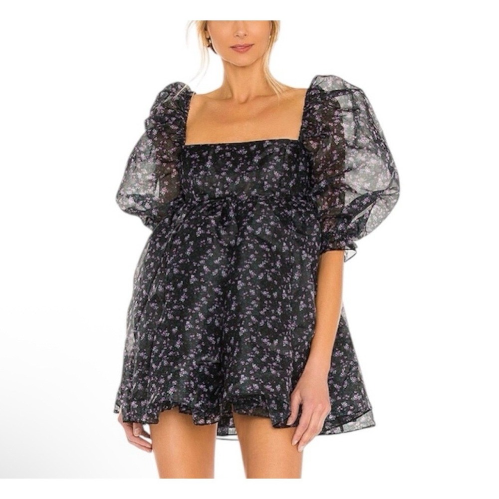 Selkie The Puff Dress in 80s Ditz black purple floral Cottagecore Coquette med